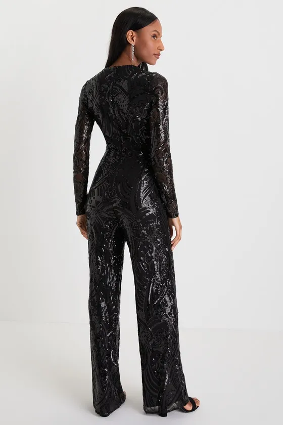 Undeniable Radiance Black Mesh Sequin Long Sleeve Jumpsuit sold by Lulus product image thumbnail 3