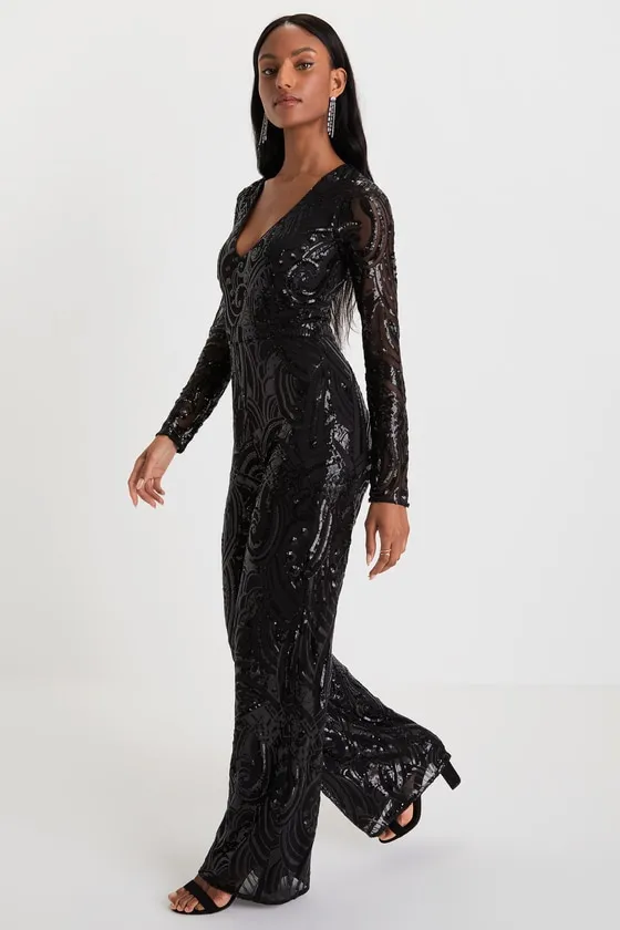 Undeniable Radiance Black Mesh Sequin Long Sleeve Jumpsuit sold by Lulus product image thumbnail 4