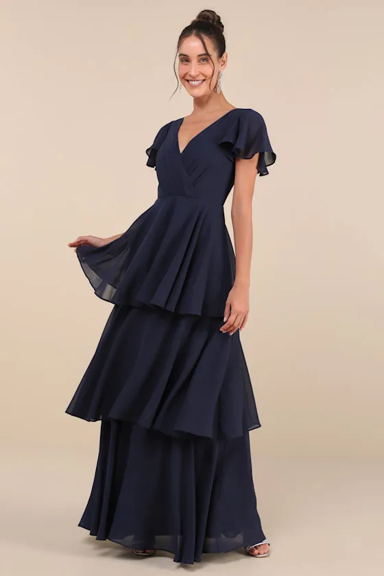 Sincerely Exquisite Navy Blue Short Sleeve Tiered Maxi Dress sold by Lulus