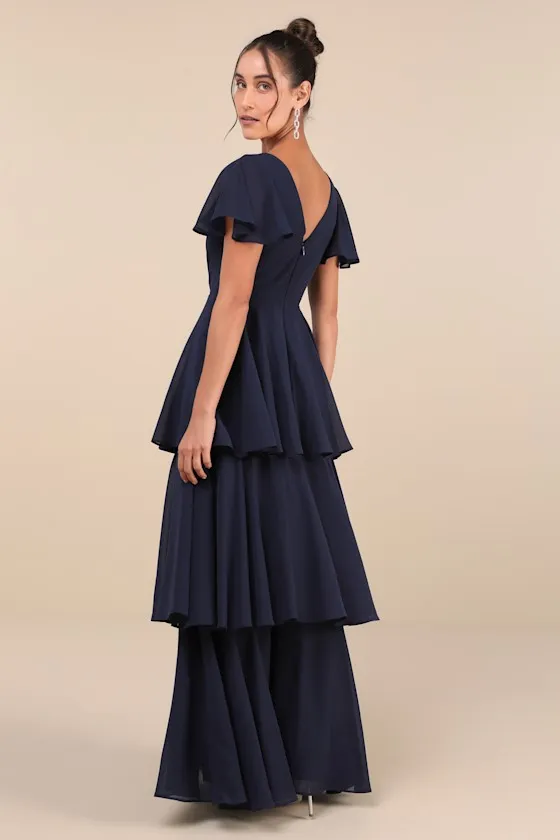 Sincerely Exquisite Navy Blue Short Sleeve Tiered Maxi Dress sold by Lulus product image thumbnail 2