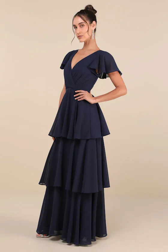 Sincerely Exquisite Navy Blue Short Sleeve Tiered Maxi Dress sold by Lulus product image thumbnail 4