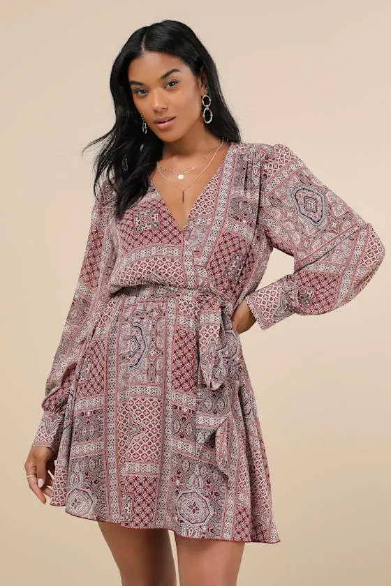 Breezy Wanderings Rust Red Boho Print Long Sleeve Mini Dress sold by Lulus