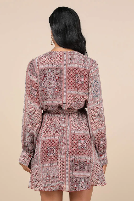 Breezy Wanderings Rust Red Boho Print Long Sleeve Mini Dress sold by Lulus product image thumbnail 2