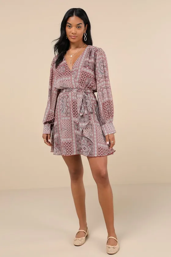 Breezy Wanderings Rust Red Boho Print Long Sleeve Mini Dress sold by Lulus product image thumbnail 3