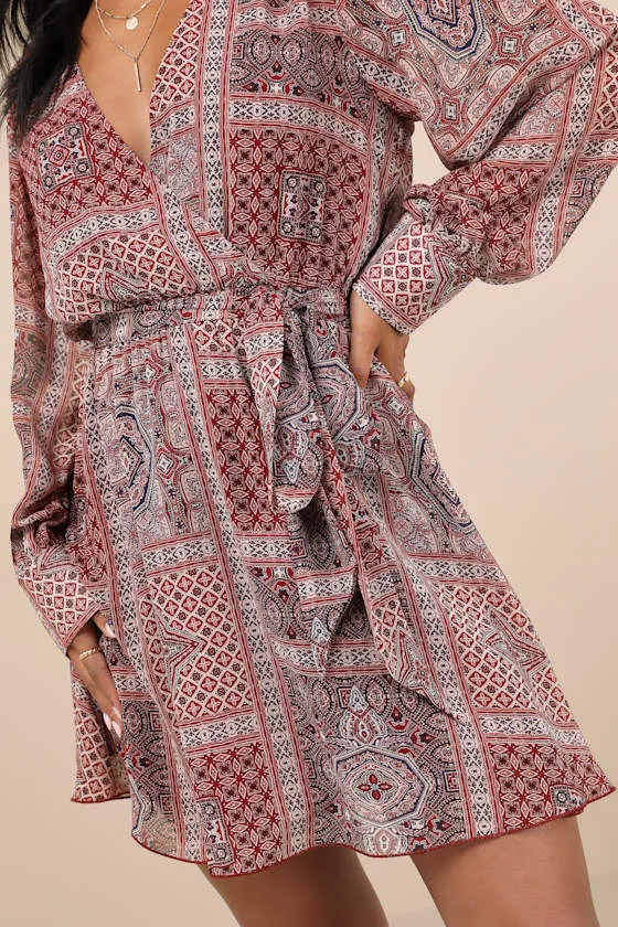 Breezy Wanderings Rust Red Boho Print Long Sleeve Mini Dress sold by Lulus product image thumbnail 4