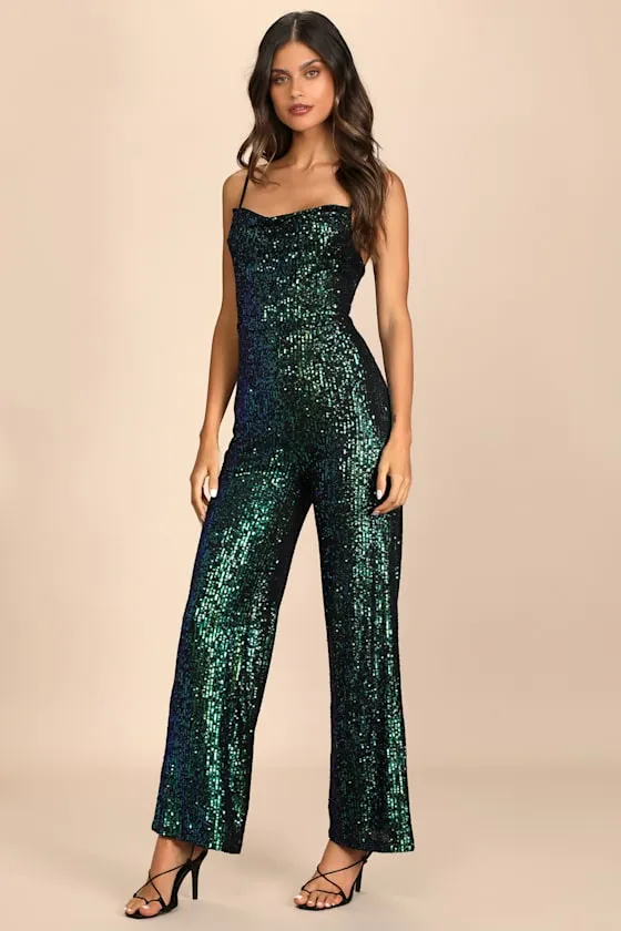 Dancing to the Music Green Iridescent Sequin Wide-Leg Jumpsuit sold by Lulus product image thumbnail 3