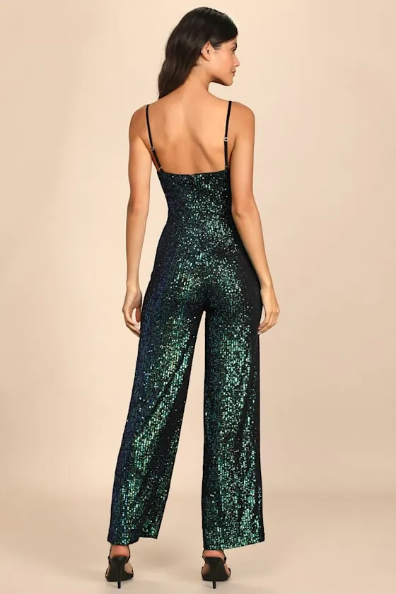 Dancing to the Music Green Iridescent Sequin Wide-Leg Jumpsuit sold by Lulus product image thumbnail 4
