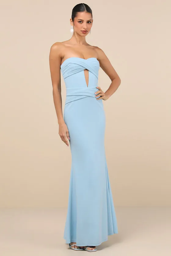 Elegant Finesse Light Blue Pleated Cutout Maxi Dress sold by Lulus