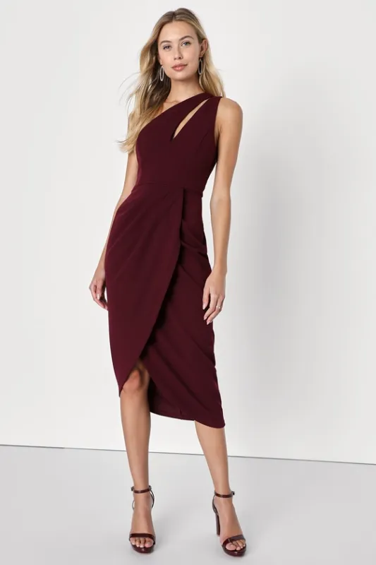 So Flirty Burgundy One-Shoulder Cutout Asymmetrical Dress sold by Lulus