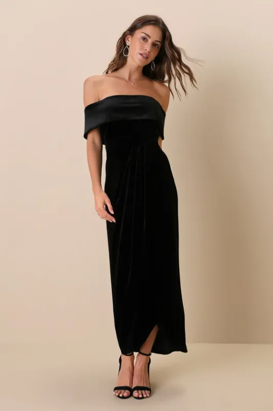 I'm Enchanted Black Velvet Off-the-Shoulder Maxi Dress sold by Lulus