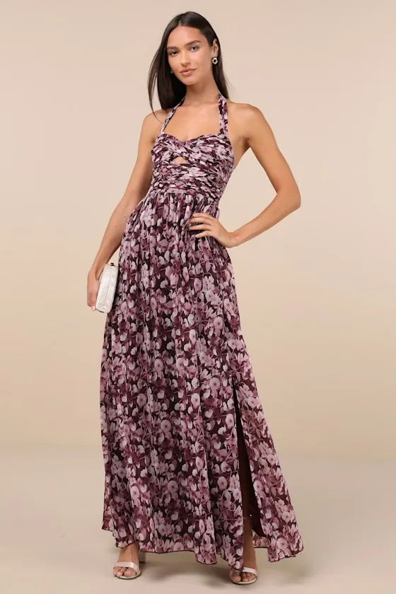 Illustrious Aura Plum Purple Floral Pleated Halter Maxi Dress sold by Lulus