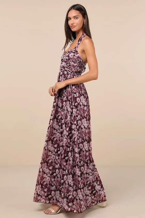 Illustrious Aura Plum Purple Floral Pleated Halter Maxi Dress sold by Lulus product image thumbnail 3