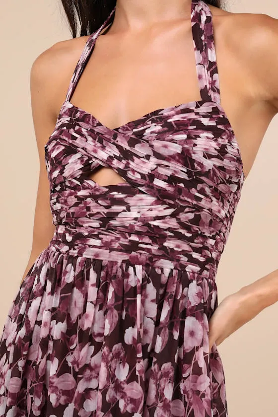 Illustrious Aura Plum Purple Floral Pleated Halter Maxi Dress sold by Lulus product image thumbnail 4