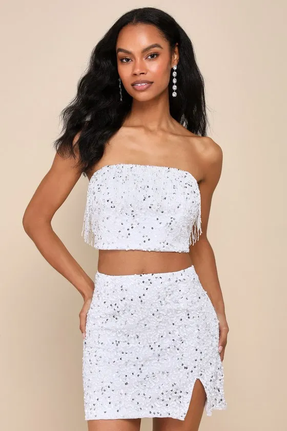 Glam of the Moment White Beaded Sequin Mini Skirt sold by Lulus