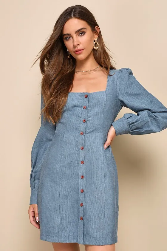 Posh Promise Blue Corduroy Long Sleeve Button-Up Mini Dress sold by Lulus