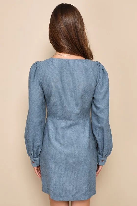 Posh Promise Blue Corduroy Long Sleeve Button-Up Mini Dress sold by Lulus product image thumbnail 3