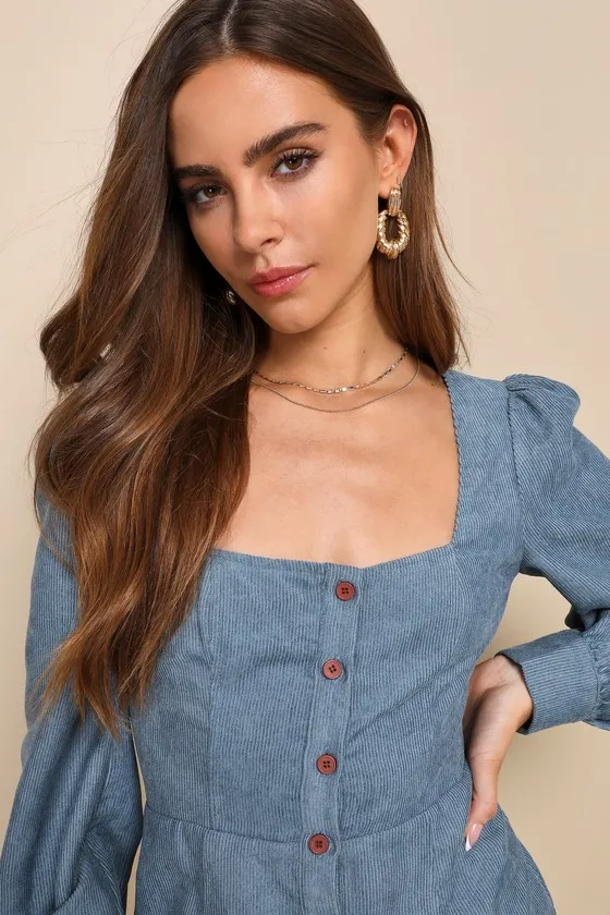 Posh Promise Blue Corduroy Long Sleeve Button-Up Mini Dress sold by Lulus product image thumbnail 4