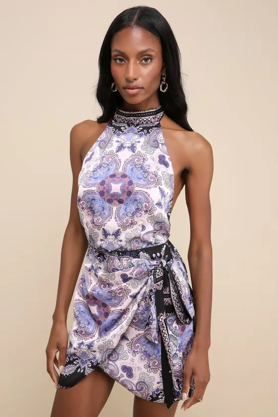 Exceptional Ways Lilac Multi Scarf Print Faux-Wrap Mini Dress sold by Lulus