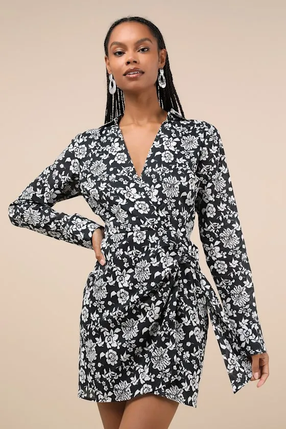 Made to Charm Black & White Floral Collared Buckle Mini Dress sold by Lulus