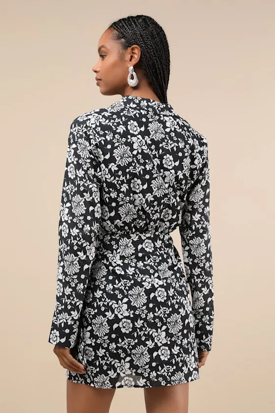 Made to Charm Black & White Floral Collared Buckle Mini Dress sold by Lulus product image thumbnail 2