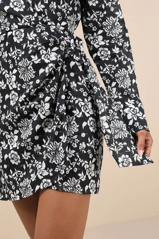 Made to Charm Black & White Floral Collared Buckle Mini Dress sold by Lulus product image thumbnail 4
