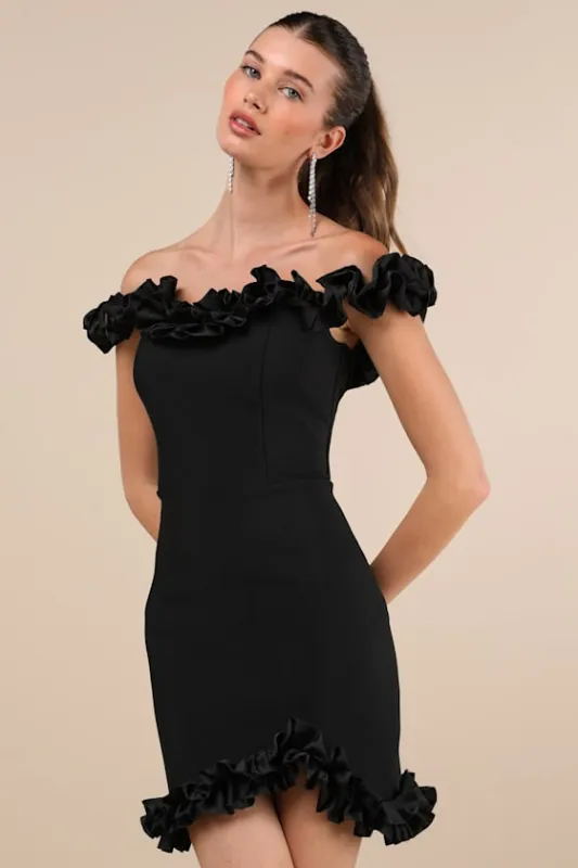 Flawlessly Posh Black Ruffled Off-the-Shoulder Mini Dress made by Lulus
