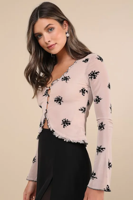 Ganin Beige Mesh Burnout Button-Front Ruffled Top sold by Lulus