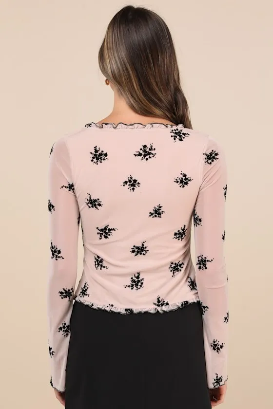 Ganin Beige Mesh Burnout Button-Front Ruffled Top sold by Lulus product image thumbnail 3