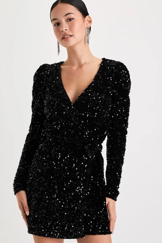 Glowing Muse Black Sequin Velvet Long Sleeve Wrap Mini Dress sold by Lulus