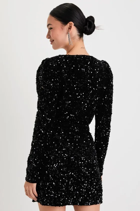 Glowing Muse Black Sequin Velvet Long Sleeve Wrap Mini Dress sold by Lulus product image thumbnail 3