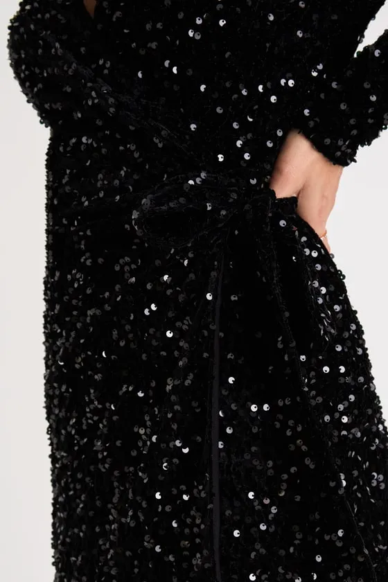 Glowing Muse Black Sequin Velvet Long Sleeve Wrap Mini Dress sold by Lulus product image thumbnail 4