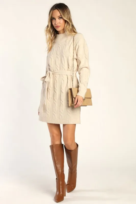 Warmed Up To You Cream Cable Knit Mock Neck Sweater Dress sold by Lulus