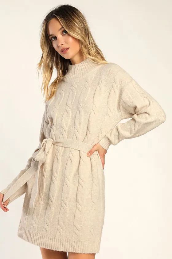 Warmed Up To You Cream Cable Knit Mock Neck Sweater Dress sold by Lulus product image thumbnail 2