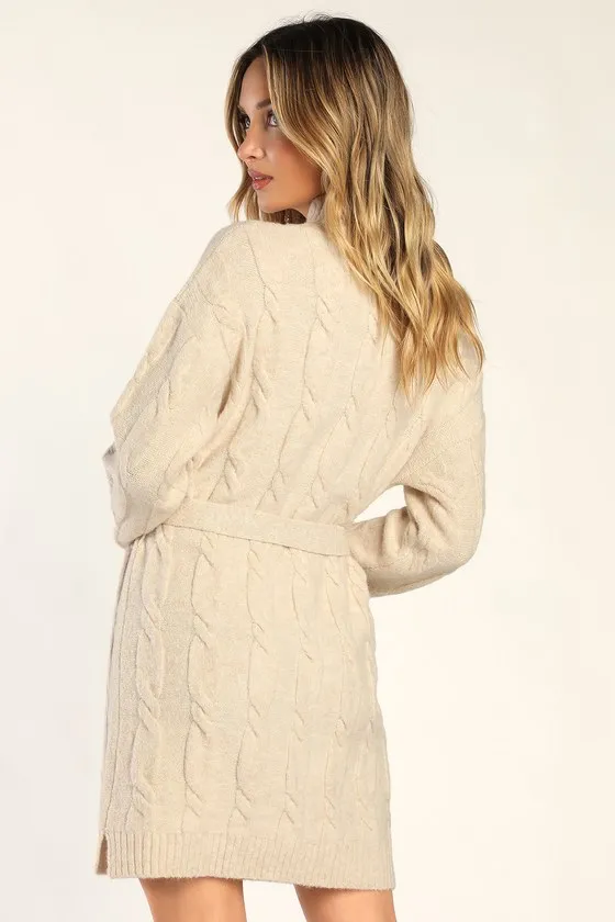 Warmed Up To You Cream Cable Knit Mock Neck Sweater Dress sold by Lulus product image thumbnail 3