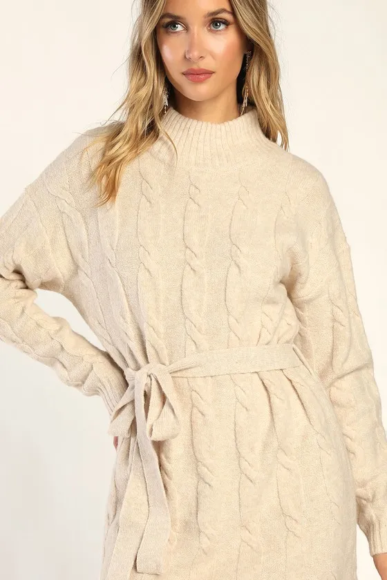 Warmed Up To You Cream Cable Knit Mock Neck Sweater Dress sold by Lulus product image thumbnail 4