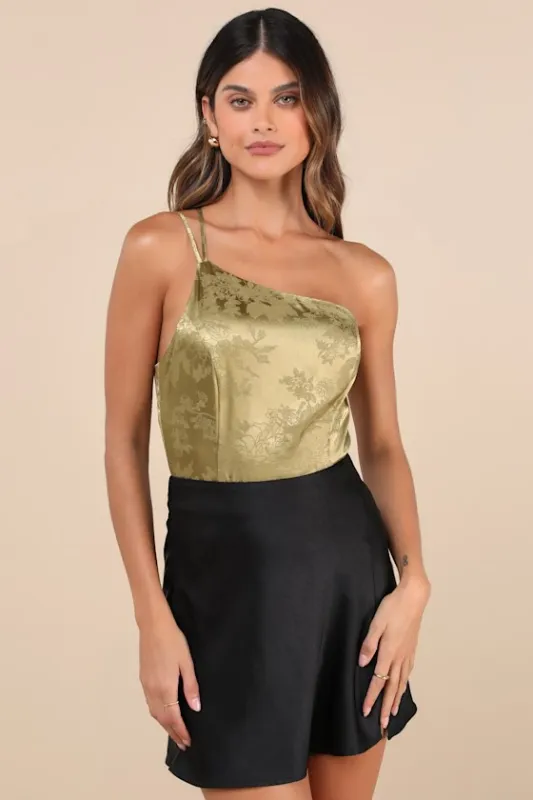 Desirable Dream Olive Satin Jacquard One-Shoulder Bodysuit sold by Lulus