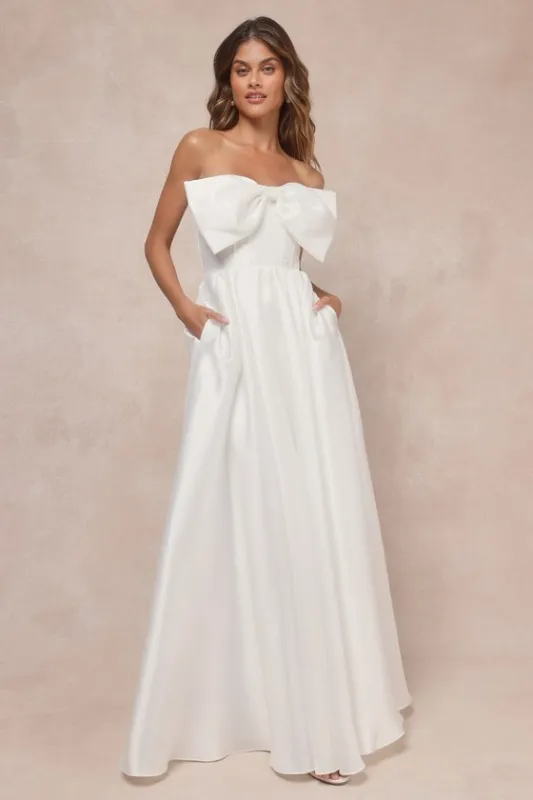 Refined Extravagance White Taffeta Bow Maxi Dress With Pockets sold by Lulus