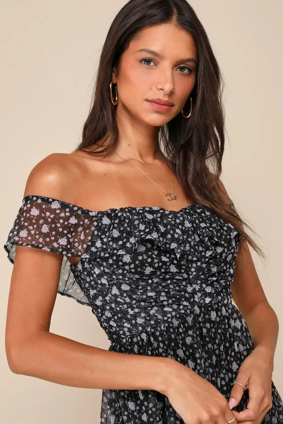 Upscale Darling Black Floral Mesh Off-the-Shoulder Mini Dress sold by Lulus product image thumbnail 2