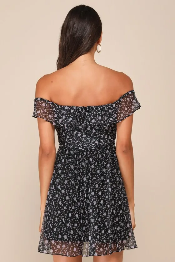 Upscale Darling Black Floral Mesh Off-the-Shoulder Mini Dress sold by Lulus product image thumbnail 4