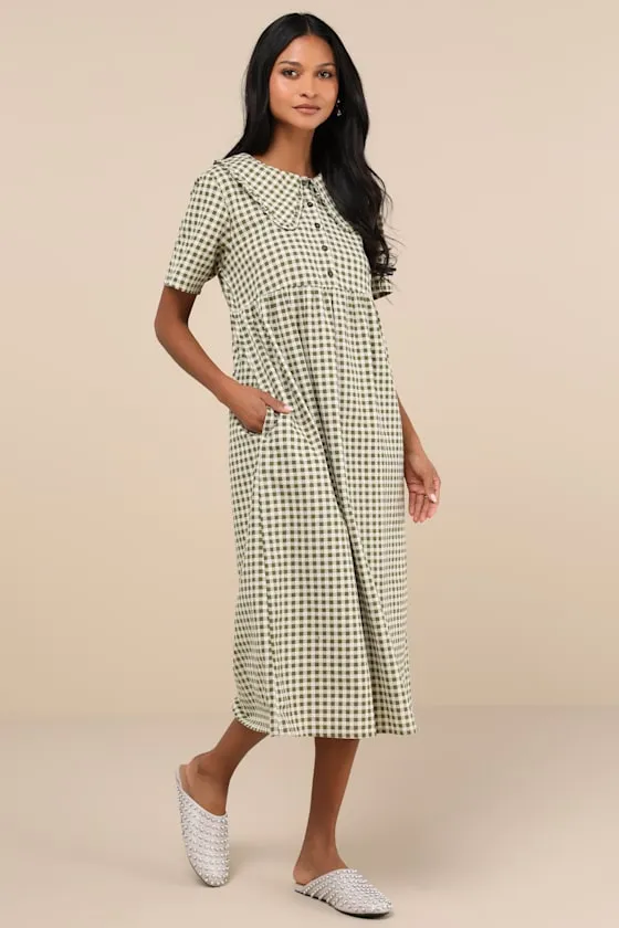 Kior Olive Green Gingham Cotton Midi Dress sold by Lulus
