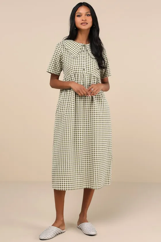 Kior Olive Green Gingham Cotton Midi Dress sold by Lulus product image thumbnail 4