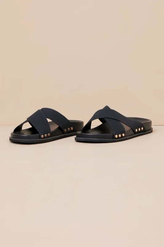 Sevyn Black Studded Slide Sandals sold by Lulus
