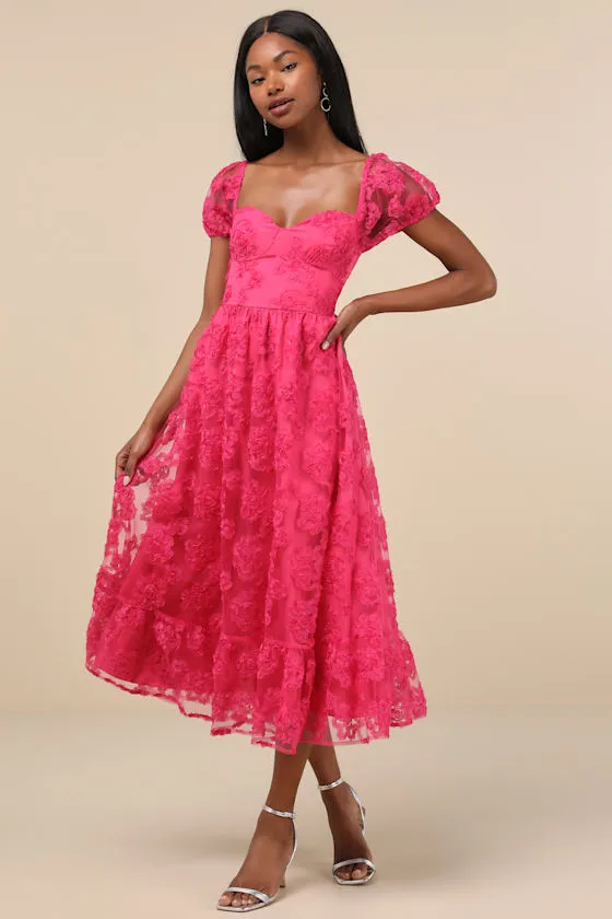 Notable Elegance Fuchsia Mesh Floral Applique Bustier Midi Dress sold by Lulus