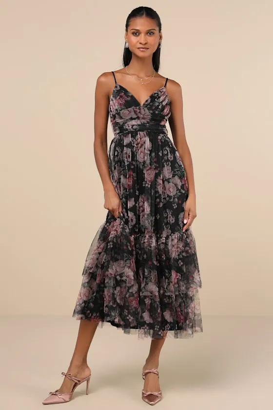 Extremely Fabulous Black Floral Mesh Tiered Midi Dress sold by Lulus
