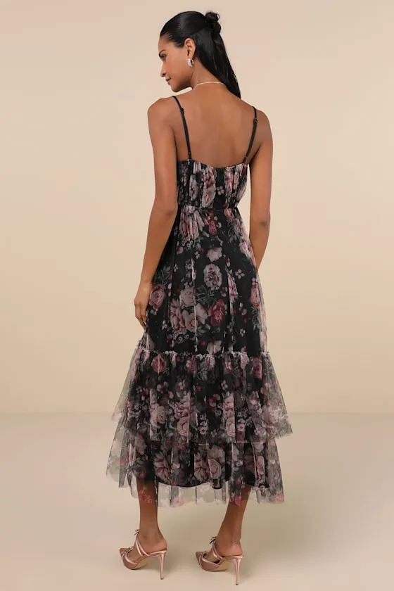 Extremely Fabulous Black Floral Mesh Tiered Midi Dress sold by Lulus product image thumbnail 2