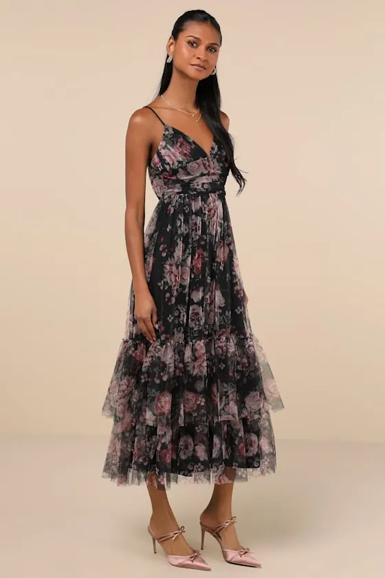 Extremely Fabulous Black Floral Mesh Tiered Midi Dress sold by Lulus product image thumbnail 4