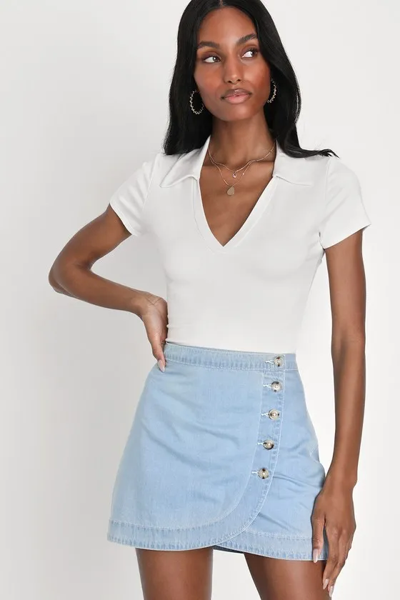 Cutest Simplicity Light Wash Denim Wrap Mini Skirt sold by Lulus
