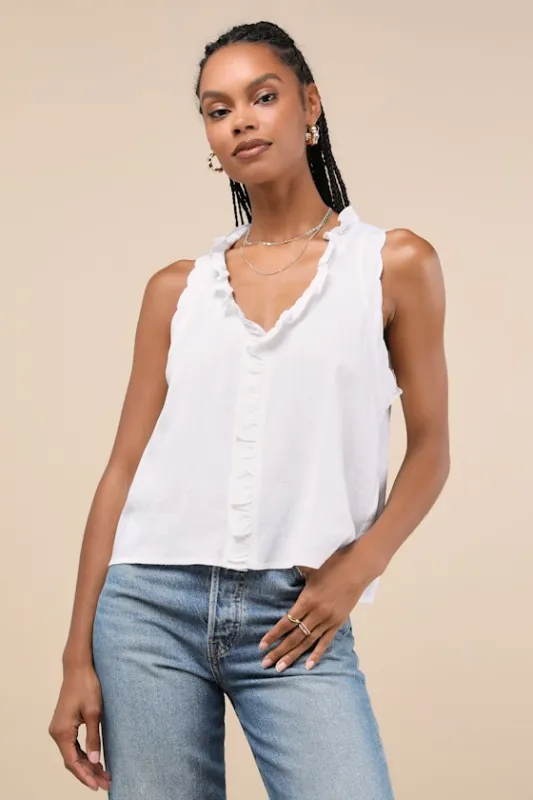 Casual Style White Ruffled Sleeveless Button-Up Tank Top sold by Lulus