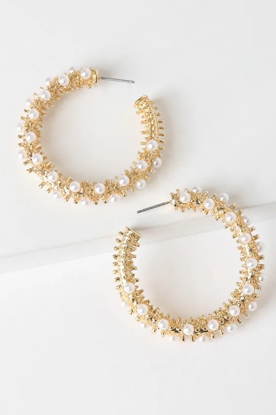 Prized Treasure Gold Pearl Hoop Earrings sold by Lulus