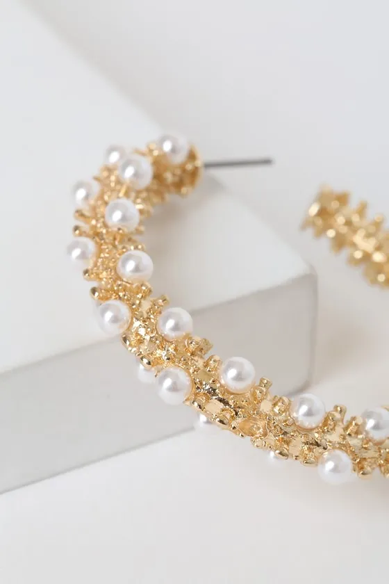 Prized Treasure Gold Pearl Hoop Earrings sold by Lulus product image thumbnail 2